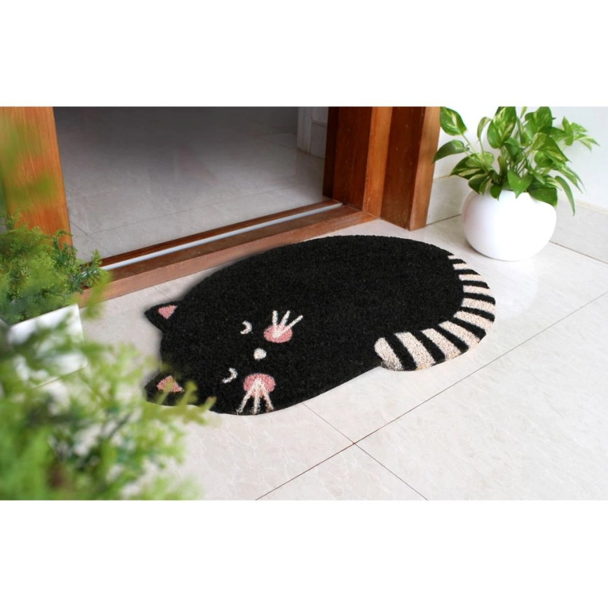 Cute Black Sleeping Cat Door Mat