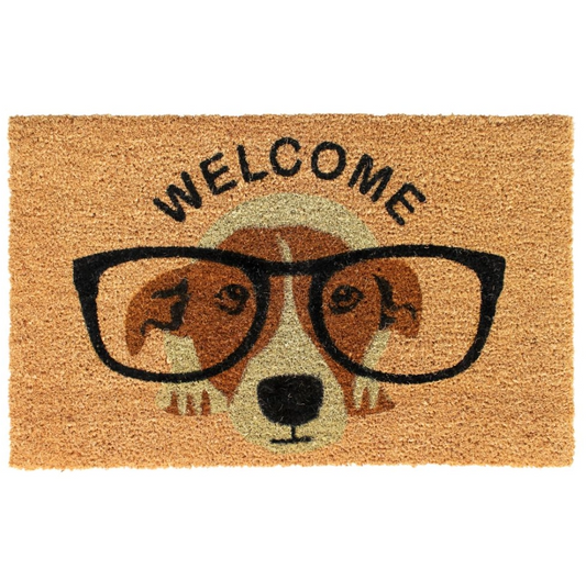 Cute Dog with Glasses Door Mat