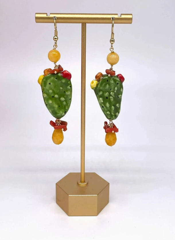 Handmade Prickly Pear Earrings in Caltagirone Ceramic, Stones and Coral