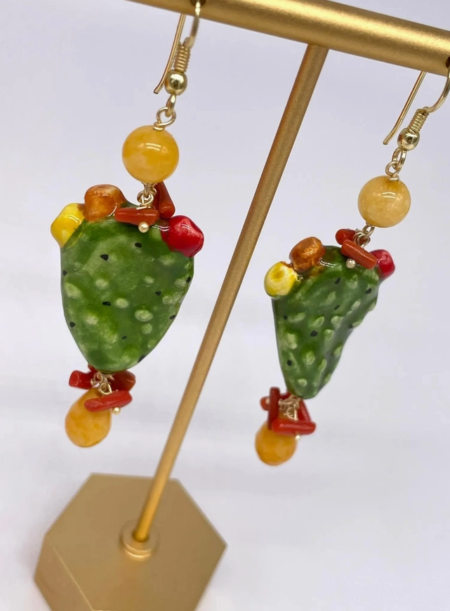 Handmade Prickly Pear Earrings in Caltagirone Ceramic, Stones and Coral