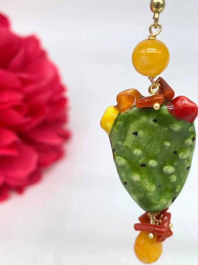 Handmade Prickly Pear Earrings in Caltagirone Ceramic, Stones and Coral