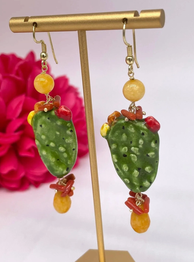 Handmade Prickly Pear Earrings in Caltagirone Ceramic, Stones and Coral