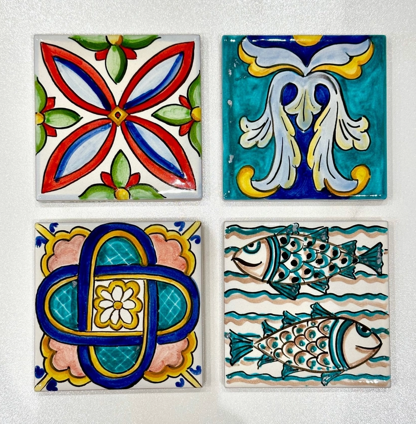 Set 4 Ceramica Caltagirone Ceramic Tile cm 10x10 Hand-Decorated Tiles