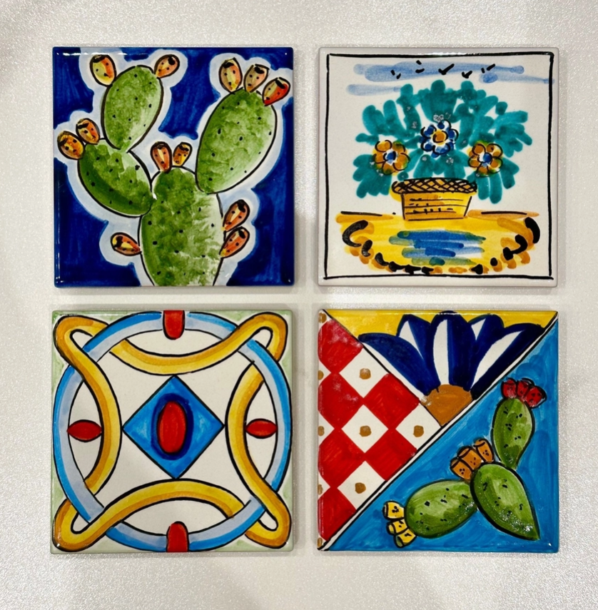 Set 4 Ceramica Caltagirone Ceramic Tile cm 10x10 Hand-Decorated Tiles