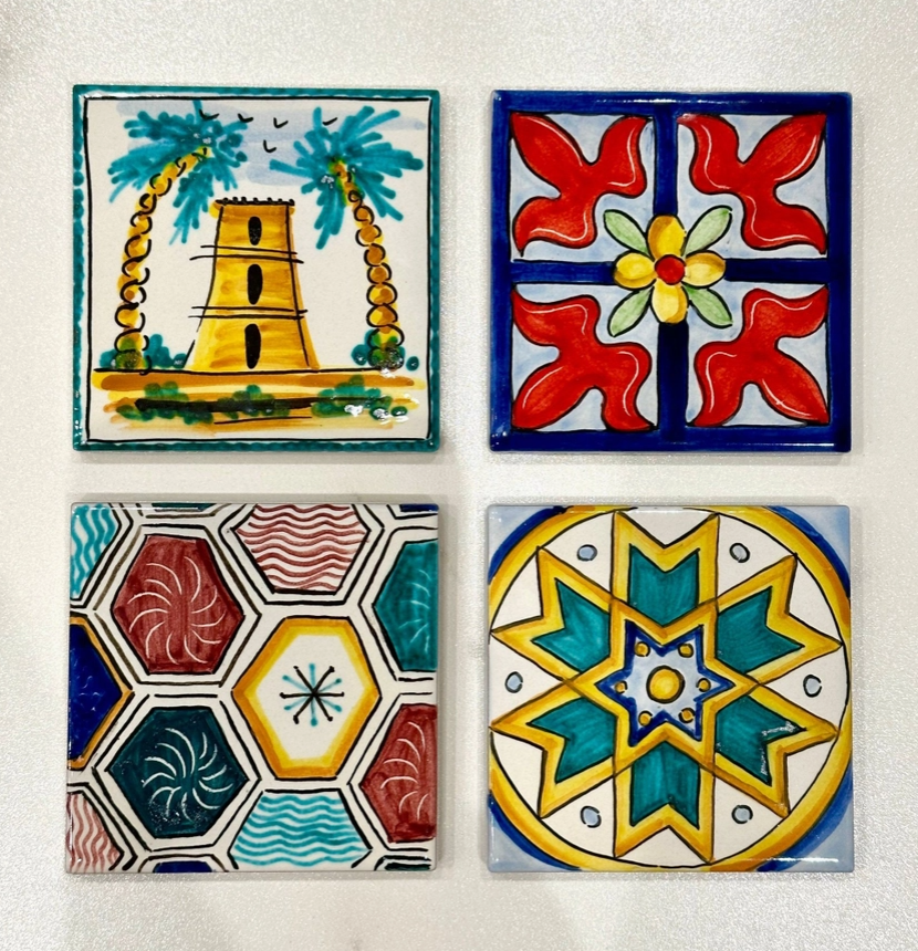 Set 4 Ceramica Caltagirone Ceramic Tile cm 10x10 Hand-Decorated Tiles