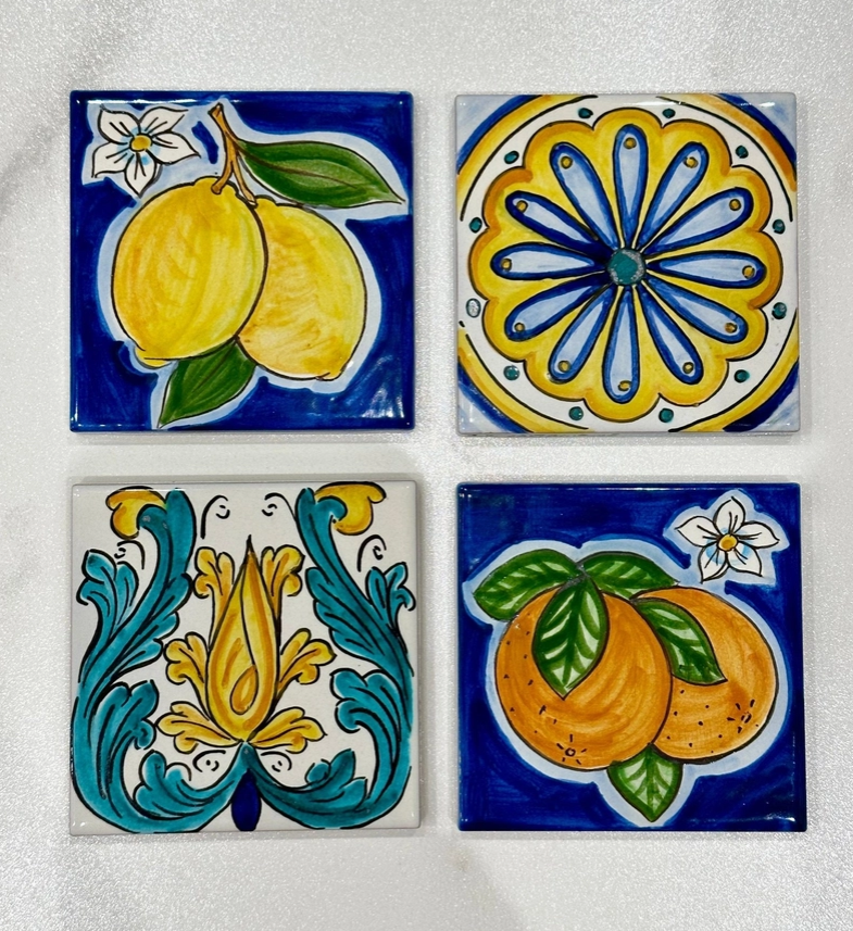 Set 4 Ceramica Caltagirone Ceramic Tile cm 10x10 Hand-Decorated Tiles