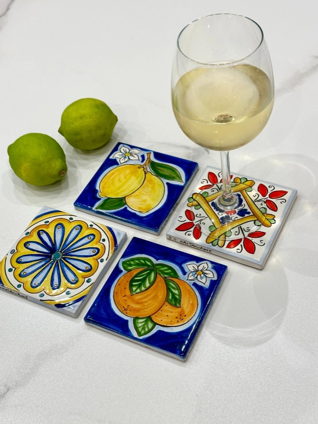 Set 4 Ceramica Caltagirone Ceramic Tile cm 10x10 Hand-Decorated Tiles